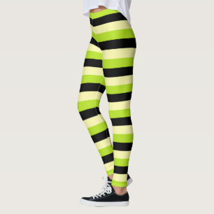 Pale Yellow, Lime Green and Black Stripes Leggings