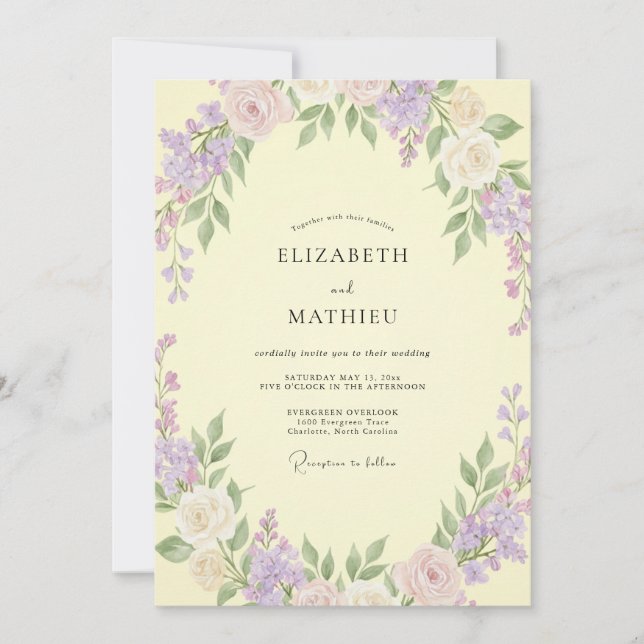 Pale Yellow Muted Lilac Petal Wedding Invitation (Front)