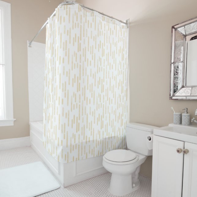 Pale Yellow on White Inky Rounded Lines Pattern Shower Curtain (In Situ)