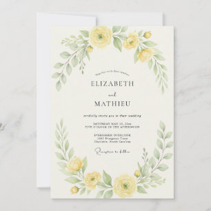Pale Yellow Ranunculus Grey Eucalyptus Wedding Invitation