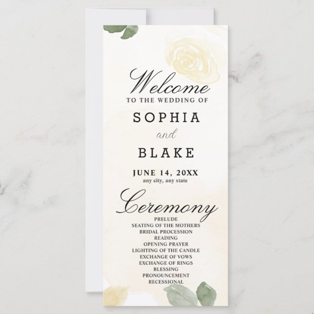 Pale Yellow Roses and Greenery Wedding Program (Front)