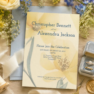 Pale Yellow Soft Blue Watercolor Floral Wedding Invitation