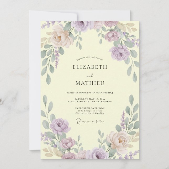 Pale Yellow Soft Lilac Petal Wedding Invitation (Front)