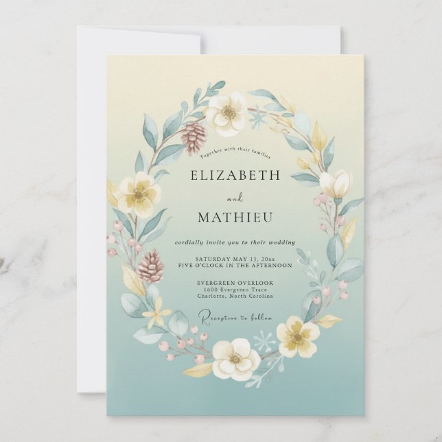 Pale Yellow Teal Blossom Wedding Invitation (Front)