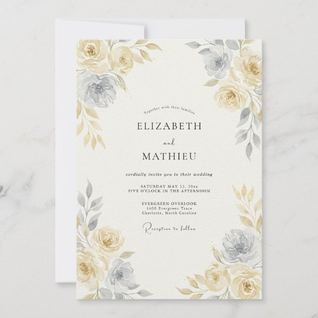 Pale Yellow Timeless Watercolor Wedding Invitation (Front)