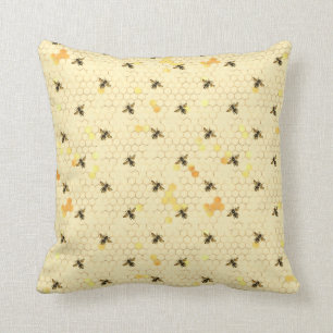 Pale Yellow Trendy, Honey Bee, Honey Comb Pattern Cushion