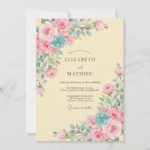 Pale Yellow Turquoise Petal Wedding Invitation