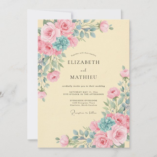 Pale Yellow Turquoise Petal Wedding Invitation (Front)