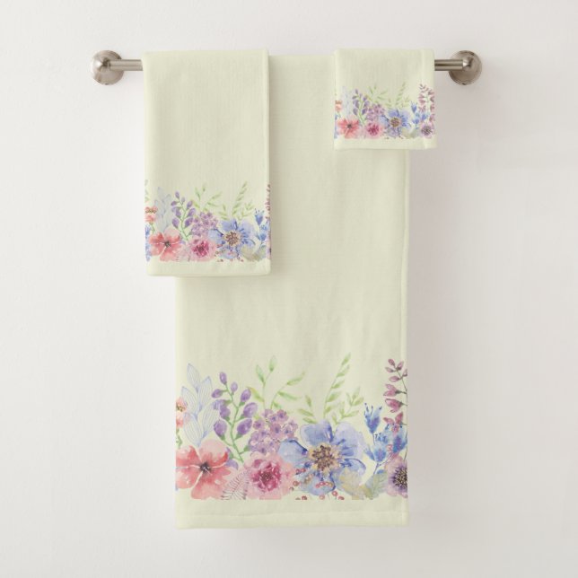 Pale Yellow & Watercolor Floral Garden Towel Set (Insitu)
