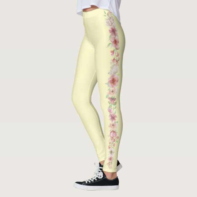 Pale Yellow With Floral Stripe on Sides Leggings (Left)