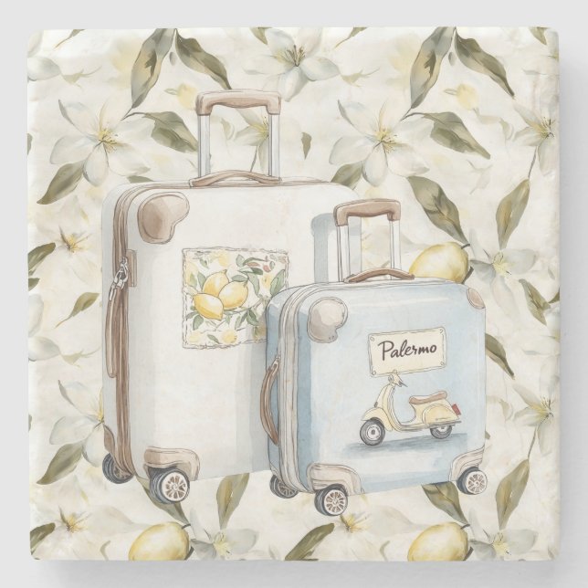 Palermo Italian coast Lemons Suitcases Stone Coaster (Front)