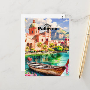 Palermo Italy Travel Poster, Sicily Cityscape Wall Postcard