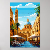 Palermo Italy vintage travel art illustration