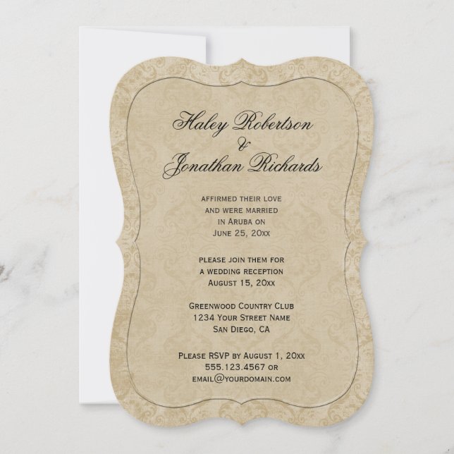 Palest Gold Tan Damask Reception Only Invitation (Front)