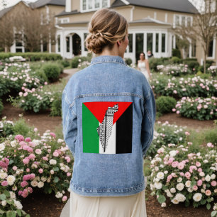  Palestine Flag and Map with Keffiyeg Pattern Denim Jacket