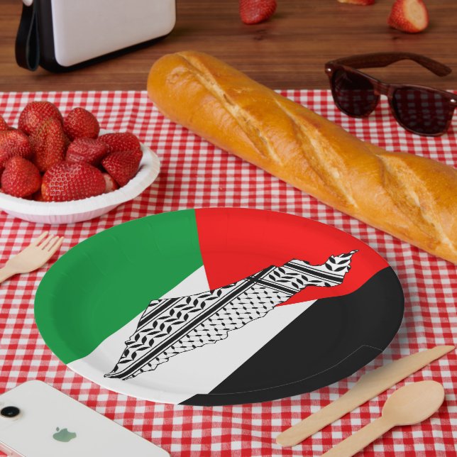 Palestine Flag and Map with Keffiyeg Pattern Paper Plate (Picnic)