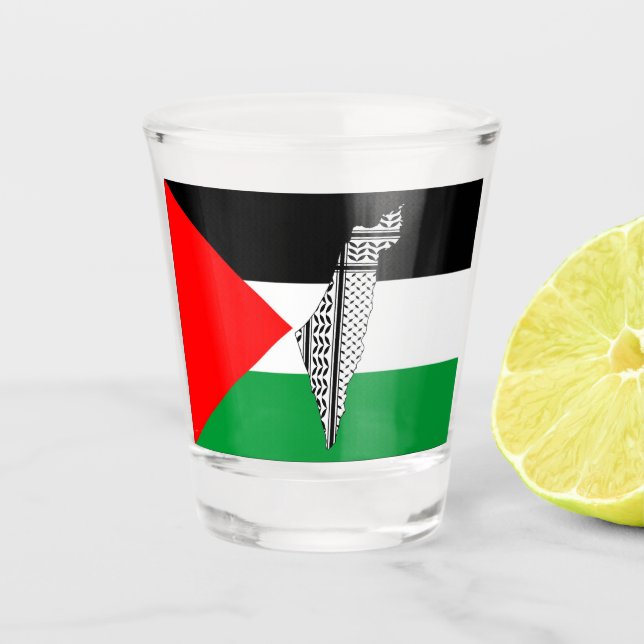 Palestine Flag and Map with Keffiyeg Pattern Shot Glass (Front)