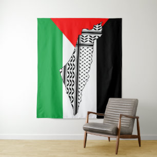 Palestine Flag and Map with Keffiyeg Traditional P Tapestry