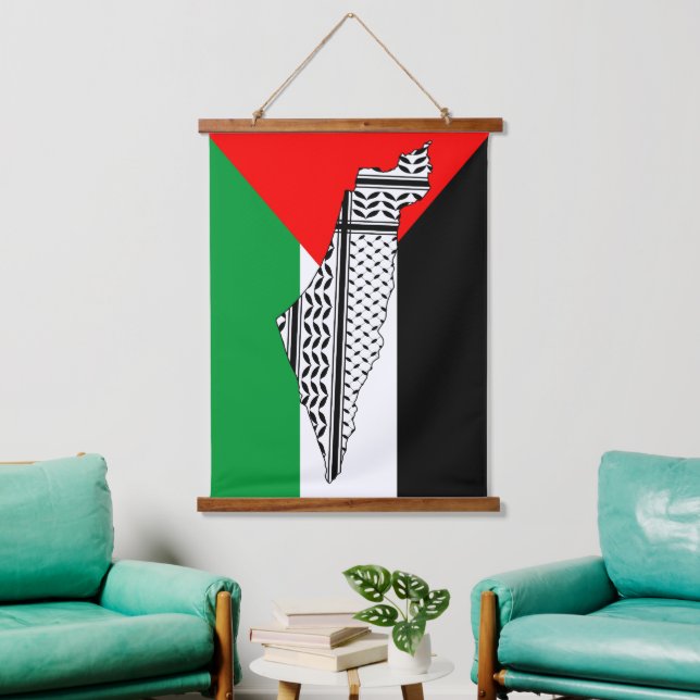 Palestine Flag and Map with Keffiyeh Pattern Hanging Tapestry (Living Room)