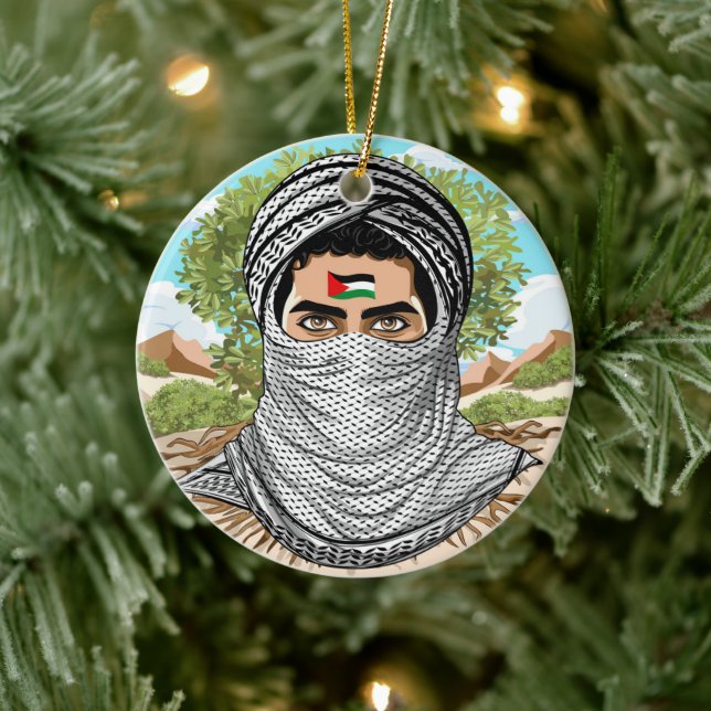 Palestine Freedom Fighter Portrait Ceramic Tree Decoration (Tree)
