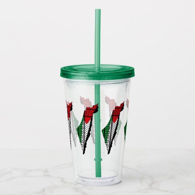 Palestine Map whith Flag and Keffiyeg Pattern Acrylic Tumbler (Front)