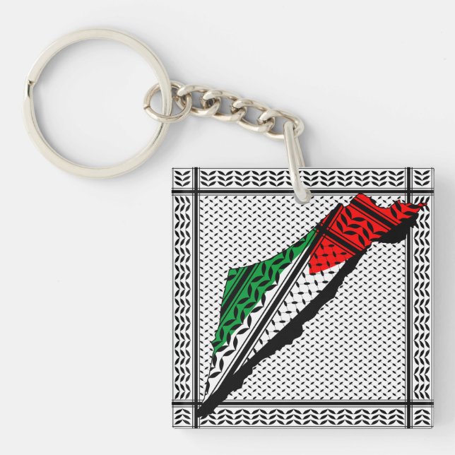 Palestine Map whith Flag and Keffiyeg Pattern Key Ring (Front)