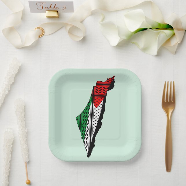 Palestine Map whith Flag and Keffiyeg Pattern Paper Plate (Wedding)