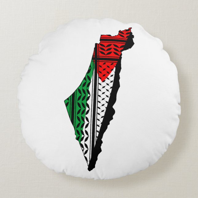 Palestine Map whith Flag and Keffiyeg Pattern Round Cushion (Front)