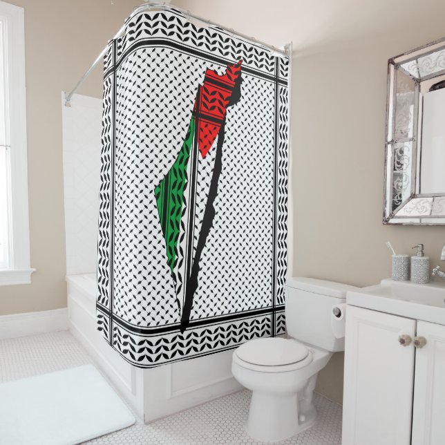 Palestine Map whith Flag and Keffiyeg Pattern Shower Curtain (In Situ)