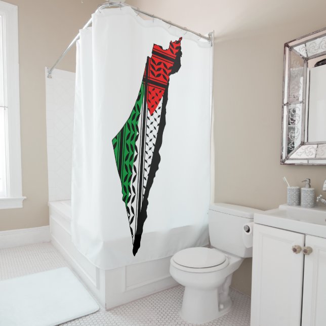 Palestine Map whith Flag and Keffiyeg Pattern Shower Curtain (In Situ)