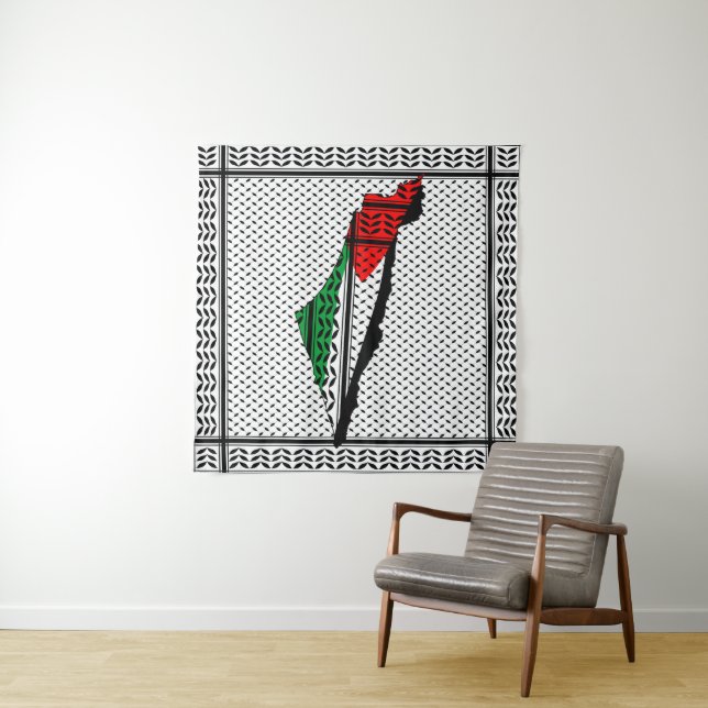 Palestine Map whith Flag and Keffiyeg Pattern Tapestry (In Situ)