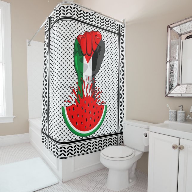 Palestine resistance fist on Watermelon Shower Curtain (In Situ)