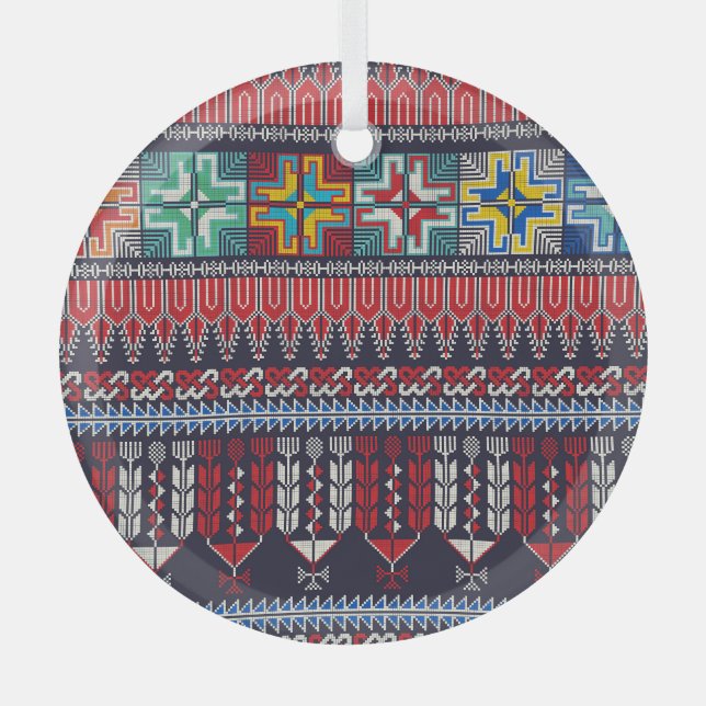 Palestinian Embroidery Motif Pattern. Glass Tree Decoration (Front)