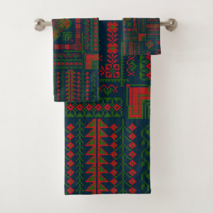 Palestinian Embroidery Tatreez red green 5 Pattern Bath Towel Set