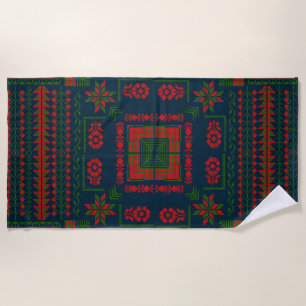 Palestinian Embroidery Tatreez red green 5 Pattern Beach Towel