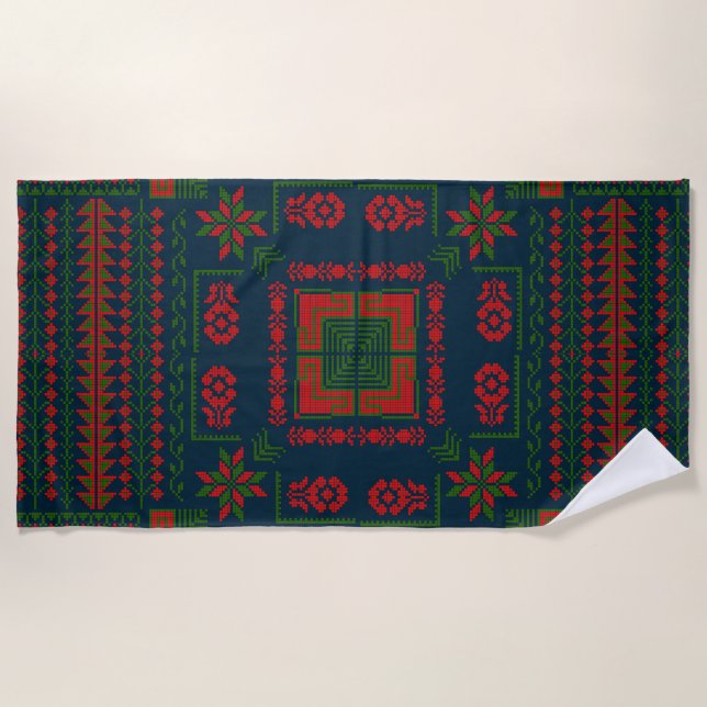 Palestinian Embroidery Tatreez red green 5 Pattern Beach Towel (Front)