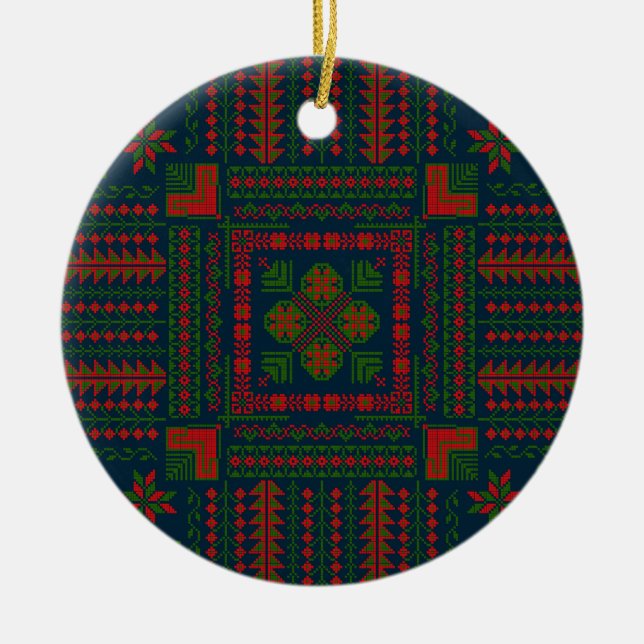 Palestinian Embroidery Tatreez red green 5 Pattern Ceramic Tree Decoration (Front)