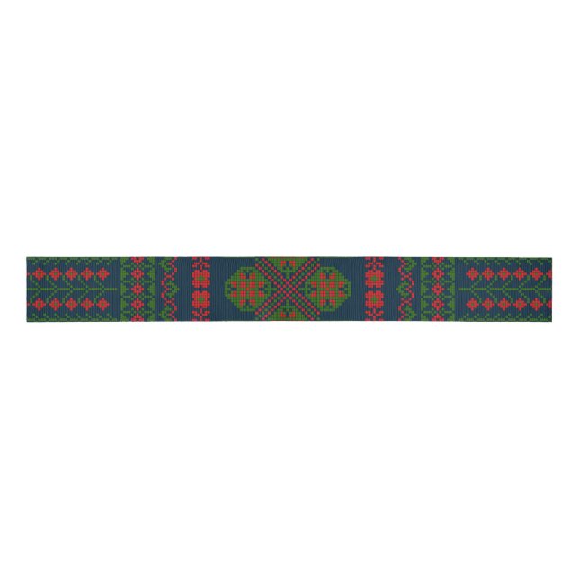 Palestinian Embroidery Tatreez red green 5 Pattern Grosgrain Ribbon (Front)