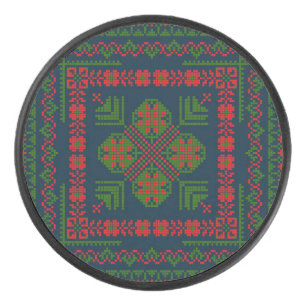 Palestinian Embroidery Tatreez red green 5 Pattern Hockey Puck