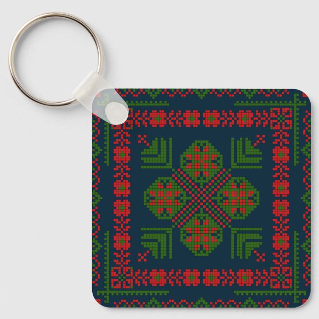 Palestinian Embroidery Tatreez red green 5 Pattern Key Ring (Front)