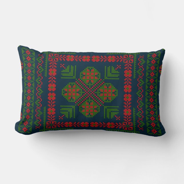 Palestinian Embroidery Tatreez red green 5 Pattern Lumbar Cushion (Front)
