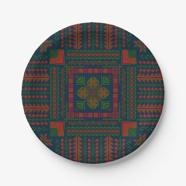 Palestinian Embroidery Tatreez red green 5 Pattern Paper Plate (Front)