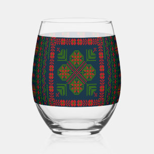 Palestinian Embroidery Tatreez red green 5 Pattern Stemless Wine Glass