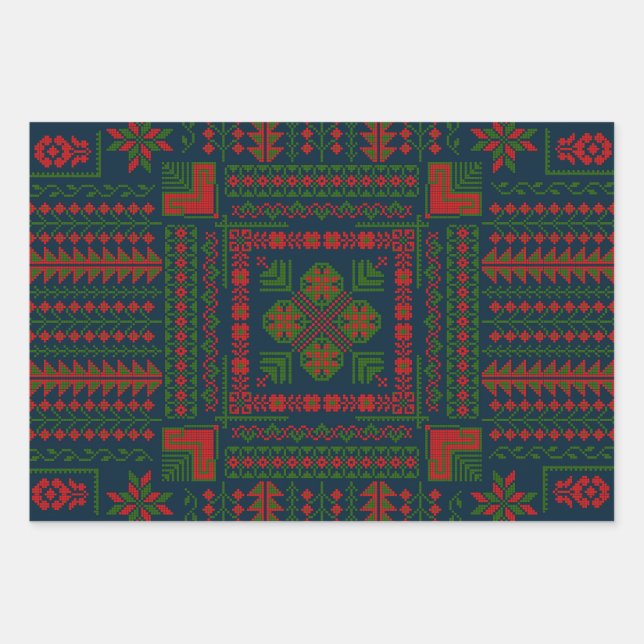 Palestinian Embroidery Tatreez red green 5 Pattern Wrapping Paper Sheet (Front)