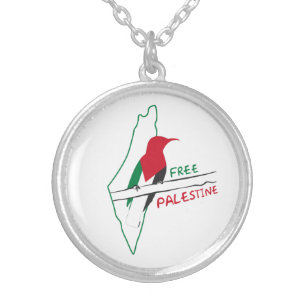 Palestinian flag map bird silver plated necklace
