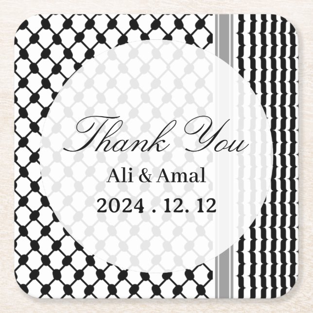 Palestinian Hatta Keffiyeh Thank You Wedding Square Paper Coaster (Front)