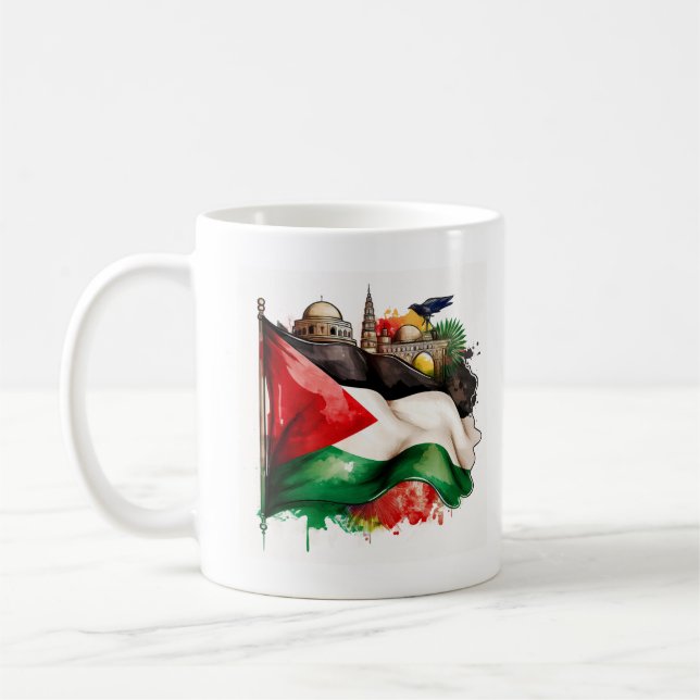 Palestinian Pride with Flag and Landmarks Coffee Mug (Left)