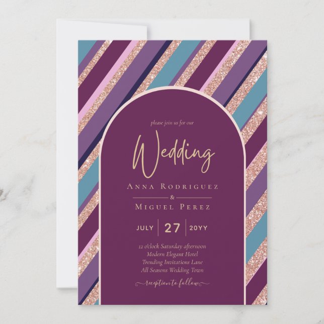 Palette Plum Purple Turquoise Rose Gold Wedding Invitation (Front)
