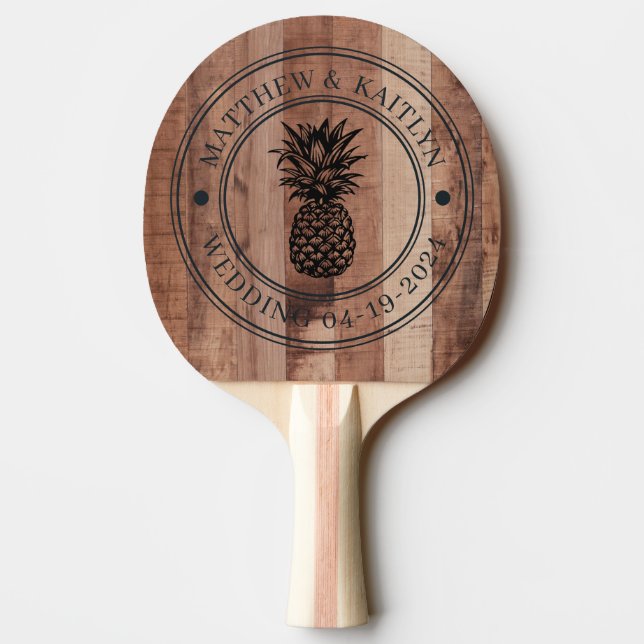 Pallet Wood Board Pineapple Wedding Crest & Names Ping Pong Paddle (Back)