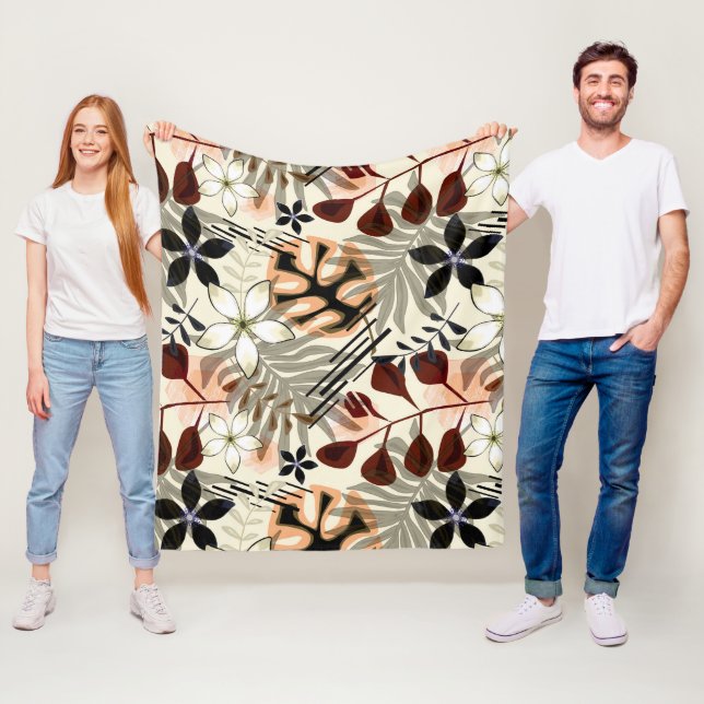 Palm and monstera leaves, tropical fleece blanket (In Situ)